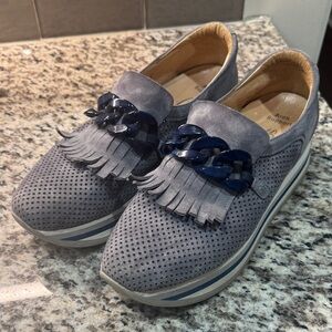 Gray Perforated Loafers with Blue Accents